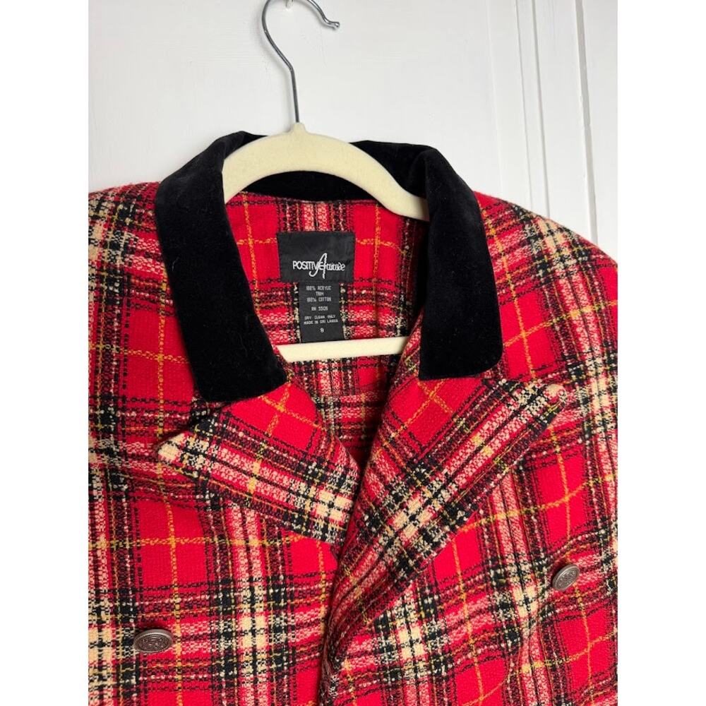Positive Attitude Red Tartan Plaid Cropped Blazer Velvet Collar Clueless Size 8 - Picture 2 of 11